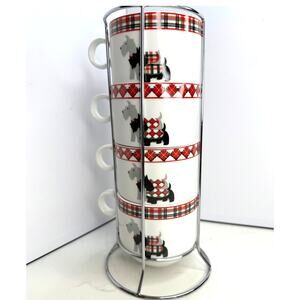 Grace Fine Porcelain Christmas Collection Scottie Dog Tower 12 Ounce Coffee Mugs